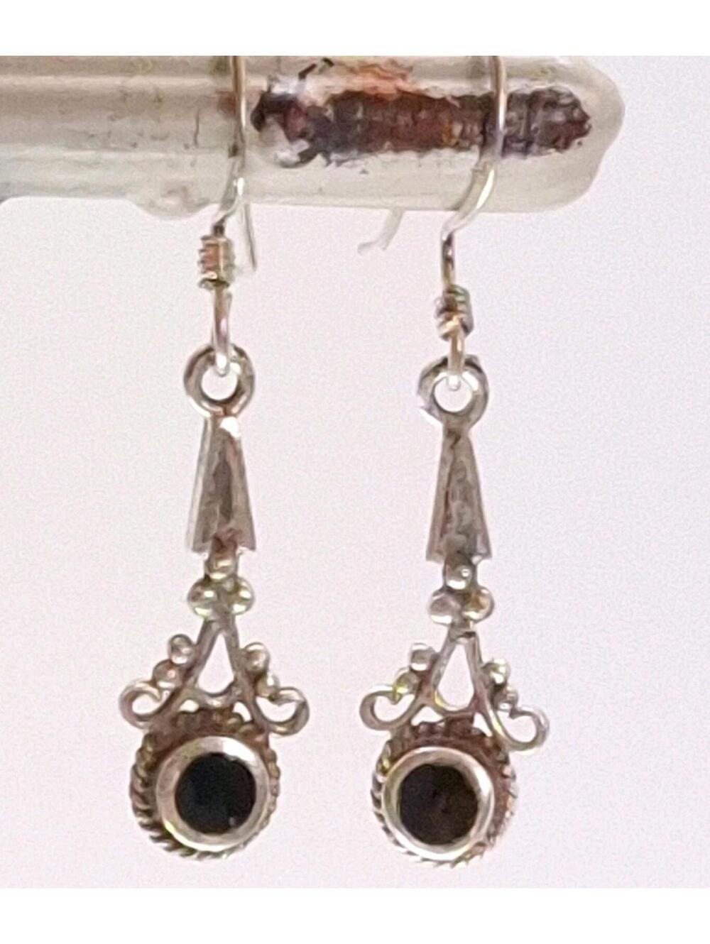Vintage Sterling Silver, Inlaid Onyx Bead Accented Drop Earrings